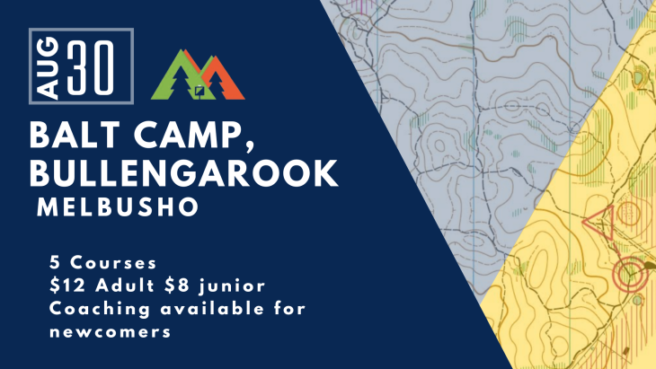 Poster promoting 'Balt Camp' at Bullengarook, Melbourne with a navy left panel, bold white text, and a map/contour motif on the right.