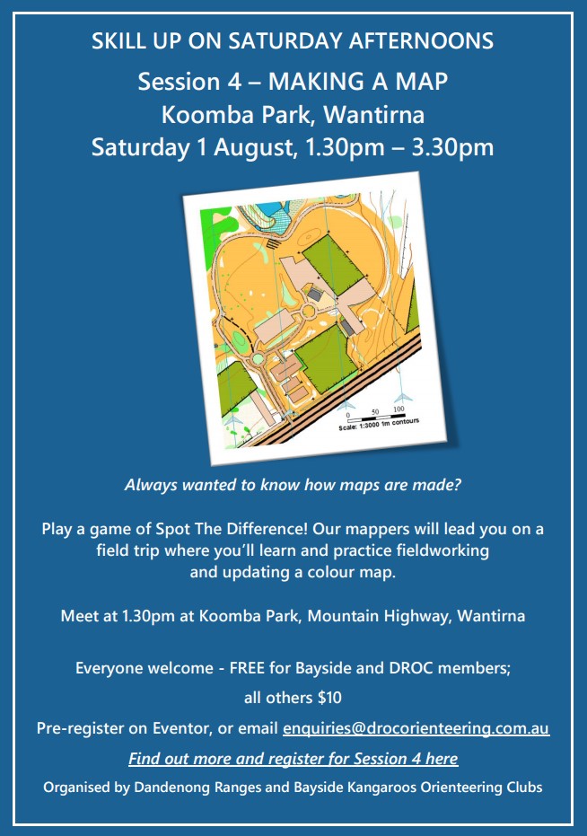 Poster announcing a map-making workshop: Session 4 at Koomba Park, Wantirna, Sat Aug 1, 1:30–3:30pm, with a tilted map illustration.
