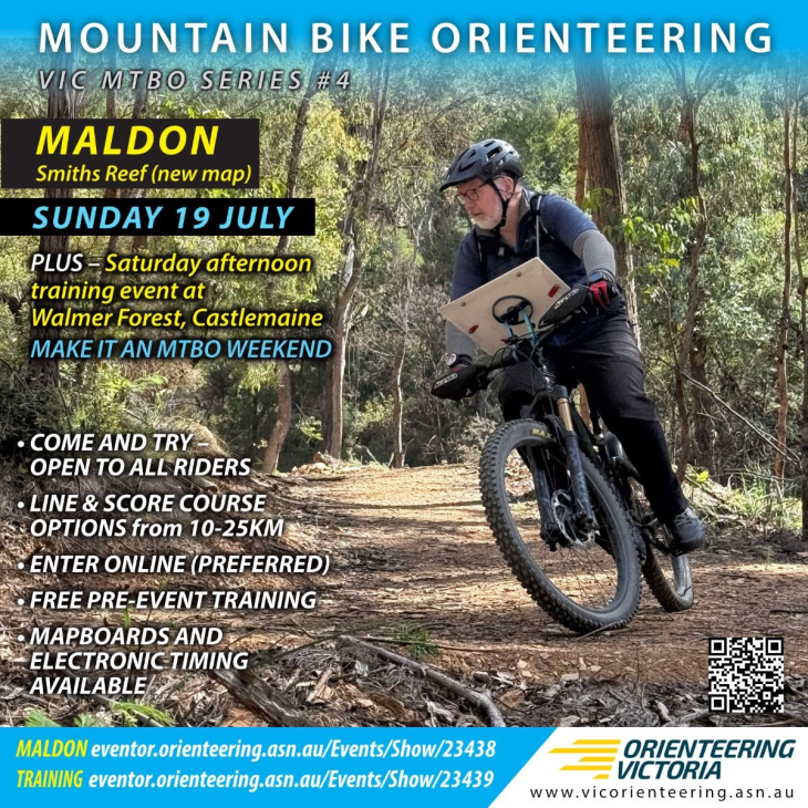 Mountain biker in a forest trail holding a map for a mountain bike orienteering event on Sunday 19 July, training at Walmer Forest, Castlemaine, with a QR code.