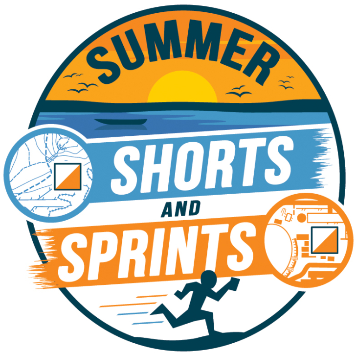 Circular logo for a sports event titled 'Summer Shorts and Sprints' with a sun, ocean waves, a running figure, and circular tech icons on the sides.