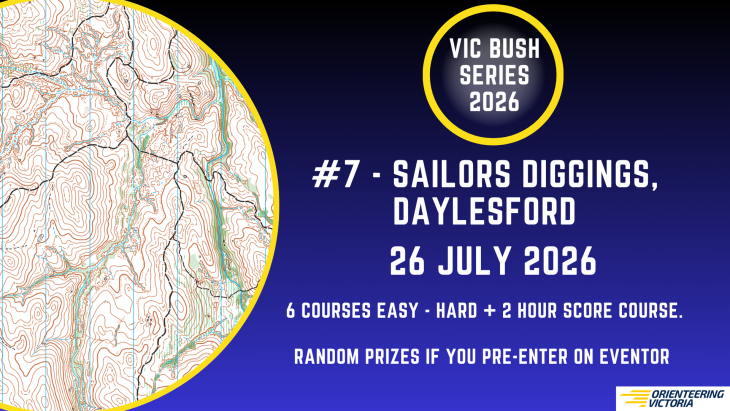 Poster for Vic Bush Series 2026: left-side detailed orienteering map circle and bold event text on a blue gradient background.