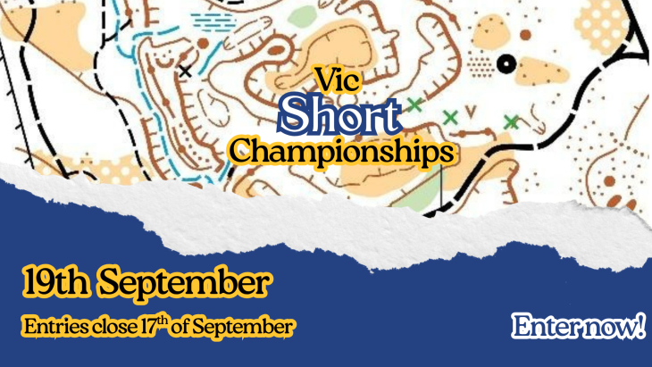 Promotional banner for Vic Short Championships with a colorful map background and torn-paper blue section; date 19th September.