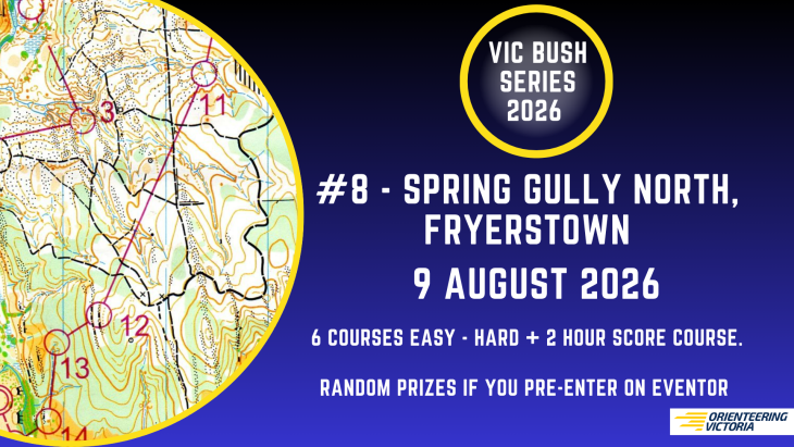Banner for Vic Bush Series 2026 with a circular yellow-bordered orienteering map on the left and event details on the blue gradient right side.
