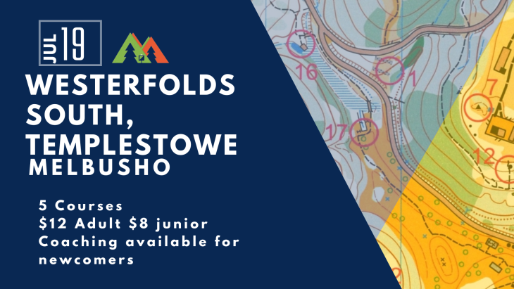 Promotional banner for Westerfolds South, Templestowe, Melbourne with bold white text on dark blue and a map motif on the right side.